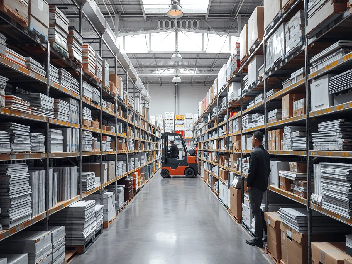 万冠明办公用品仓库实景，货架整齐排列各类文具和耗材
