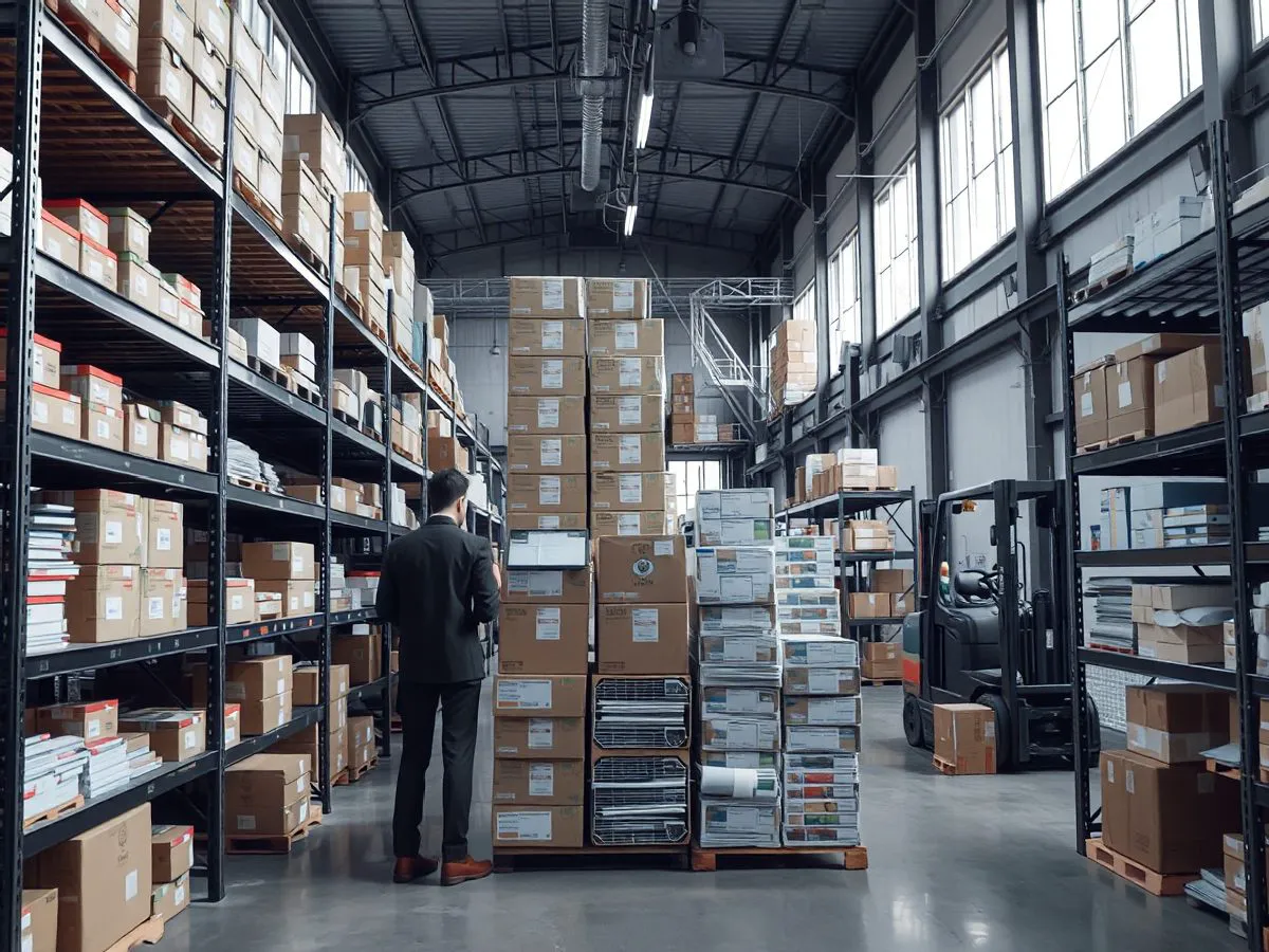 万冠明办公用品仓库实景，货架整齐摆放各类物资